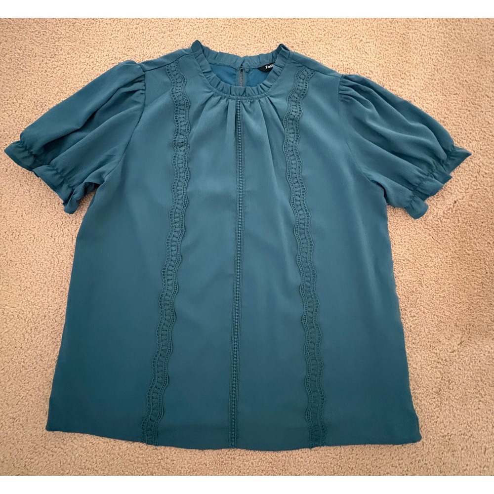 Fashion Women Blouse Large Teal Blue Crochet Lace Trim Mock Neck Puff Sleeve Top